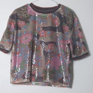 Nanette Lepore Sequin Floral Fan Print Short Sleeve Top Sz M